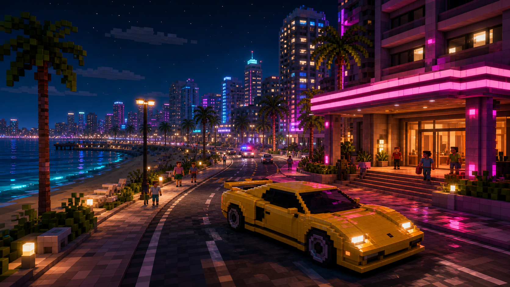 Voxel coastal hotel district with neon lights and a yellow sports car